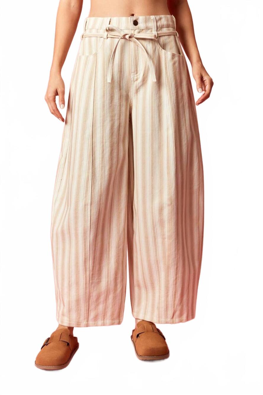 NEW PEACH LOVE rhodes stripe barrel pants in light taupe